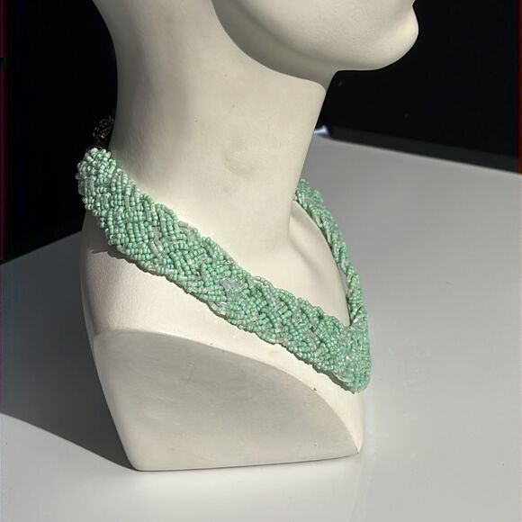 Elegant Mint Green and Clear Multi-Strand Pill Bead Necklace - 17 Inches - Picture 4 of 14